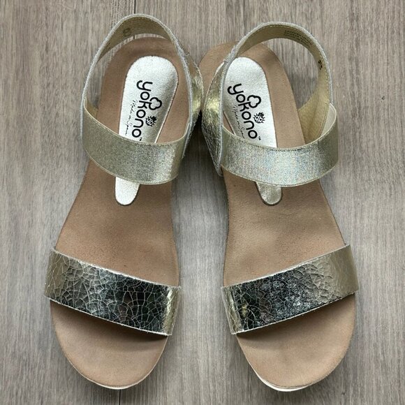 Yokono Sandals Womens Sz 8 Slingback Elastic Strap Wedge Open Toe Metallic Gold - Picture 7 of 12